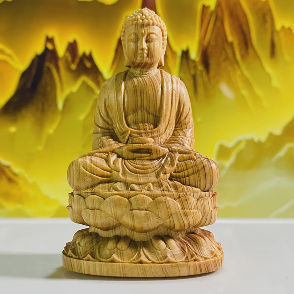 Handgesneden Houten Amitabha Boeddha Standbeeld - Decoratieve Houten Beeldje voor Huisdecoratie