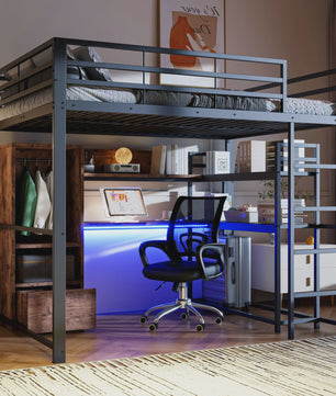 Zwart Metalen Loft Bed 140x200 cm met LED Verlichting, Bureau, Lade, Planken en Ladder