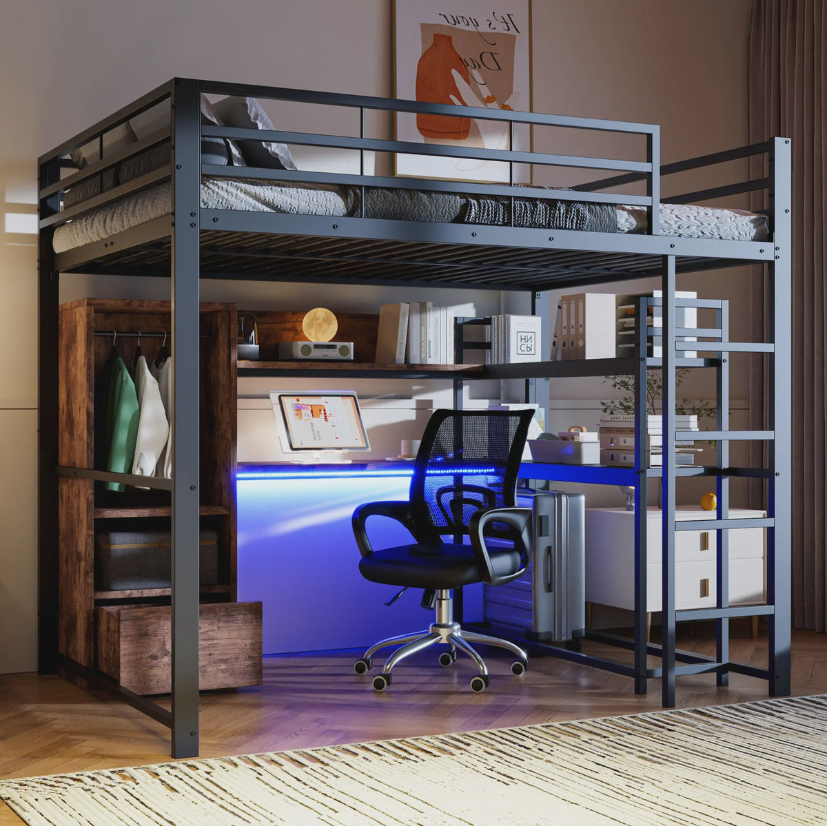 Zwart Metalen Loft Bed 140x200 cm met LED Verlichting, Bureau, Lade, Planken en Ladder