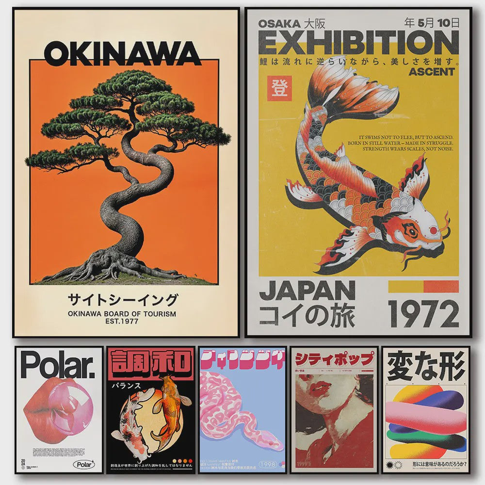 Japanse Koi Vis & Okinawa Vintage Poster - Japandi Wanddecoratie
