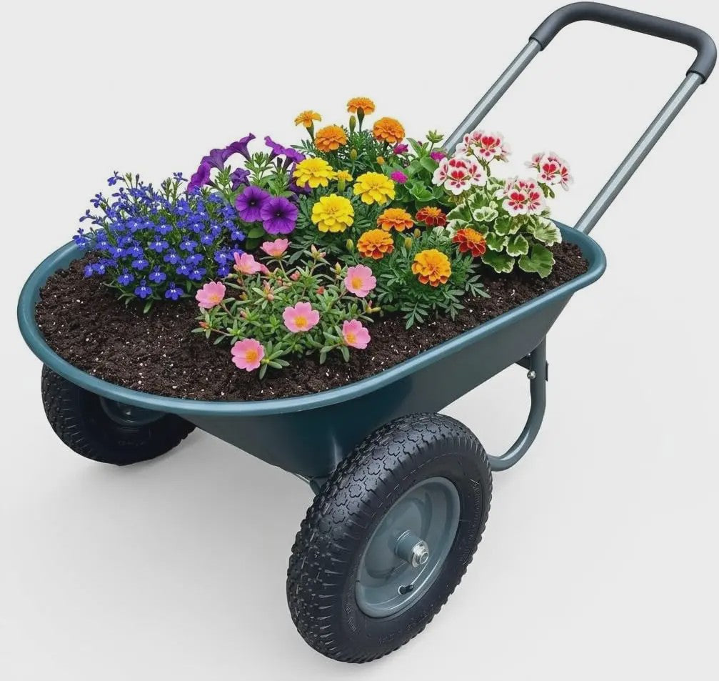 Stevige 2-wiel kruiwagen voor tuin en buiten – 120 kg capaciteit, ijzeren bak & kunststof