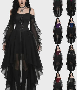Gothic Heksenjurk Dames - Middeleeuwse Vampier Stijl met Vlinder Mouwen & Kant