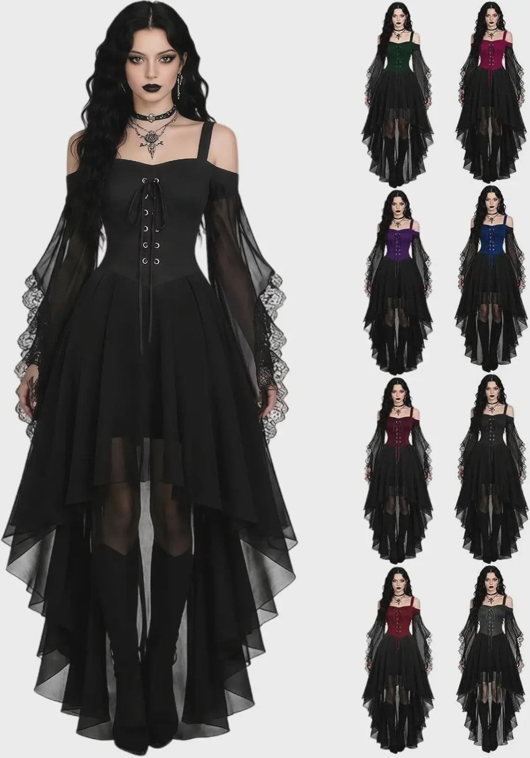 Gothic Heksenjurk Dames - Middeleeuwse Vampier Stijl met Vlinder Mouwen & Kant