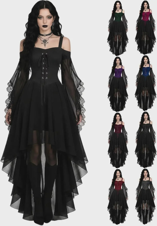 Gothic Heksenjurk Dames - Middeleeuwse Vampier Stijl met Vlinder Mouwen & Kant