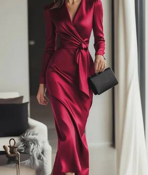 Elegante Damesjurk met Lange Mouwen en Tailleband - Hepburn Stijl