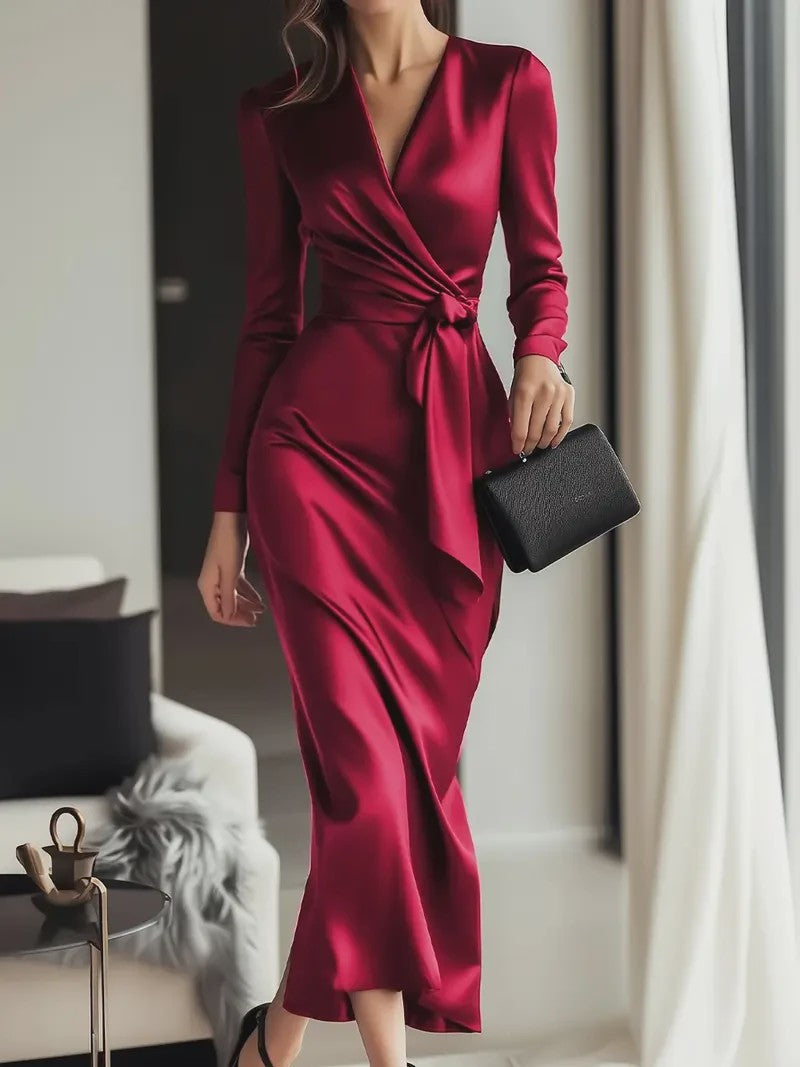 Elegante Damesjurk met Lange Mouwen en Tailleband - Hepburn Stijl
