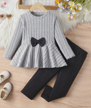 Schattig Kinder Meisjes Set: Lange Mouw Top met Strik en Broek