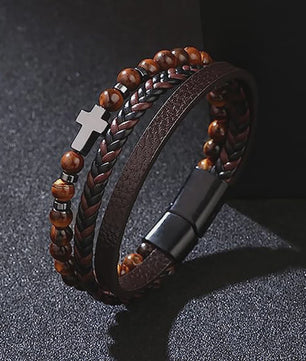 Vintage Heren Leren Armband met Kruis & Tijgeroog Kralen - Punk Stijl