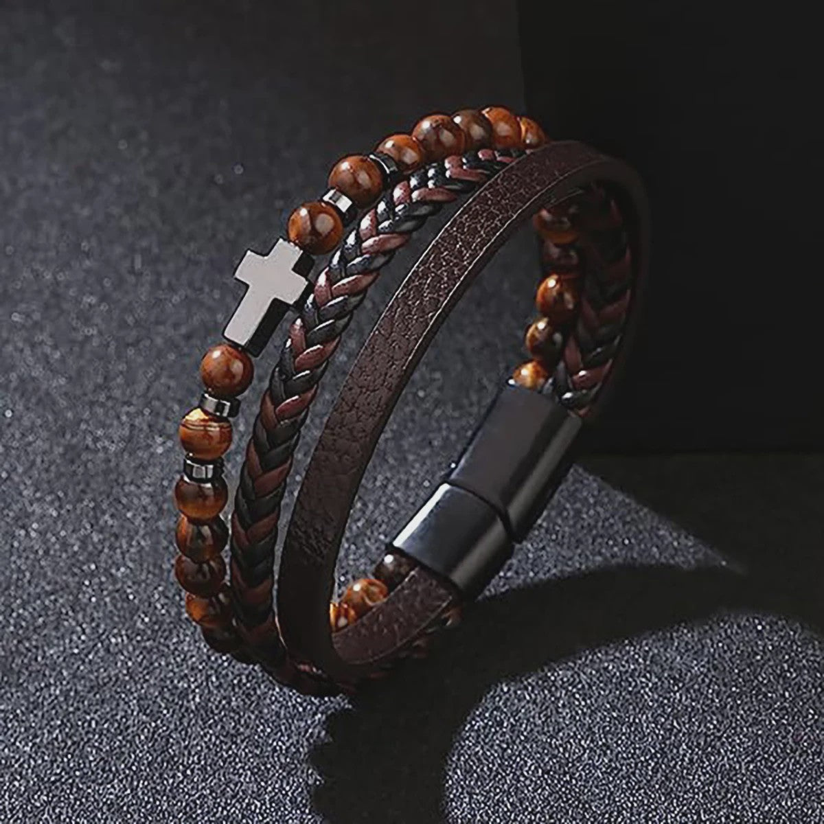 Vintage Heren Leren Armband met Kruis & Tijgeroog Kralen - Punk Stijl