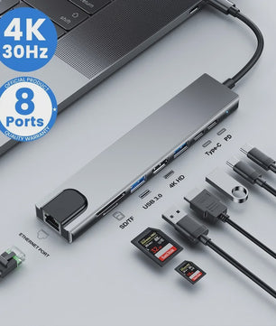 8-in-1 USB-C Hub: 4K HDMI, RJ45 Ethernet, SD/TF Kaartlezer & PD Snelladen
