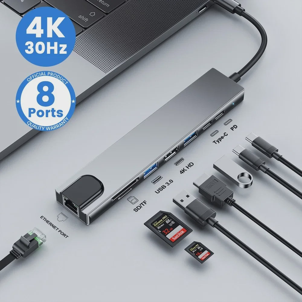 8-in-1 USB-C Hub: 4K HDMI, RJ45 Ethernet, SD/TF Kaartlezer & PD Snelladen