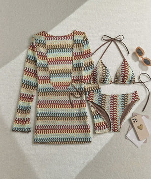 Drieparts Bikini Set met Lange Mouwen Cover-up - Stijlvol en Uniek Print