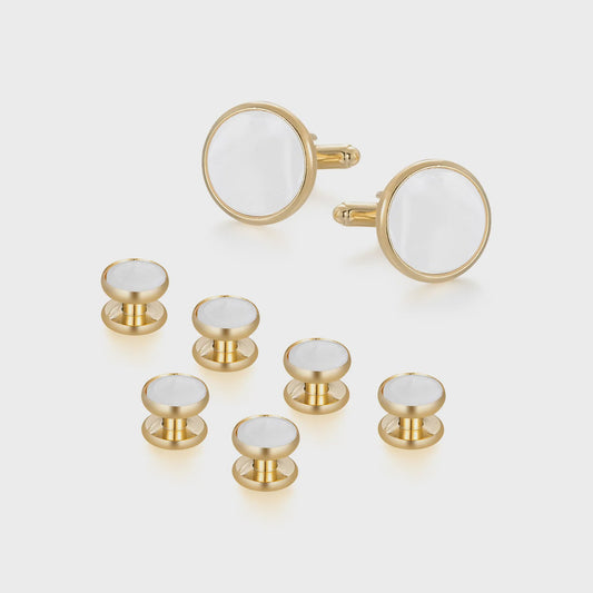 Set Manchetknopen en Studs Wit met Goudkleurig Randje - Stijlvolle Heren Accessoires