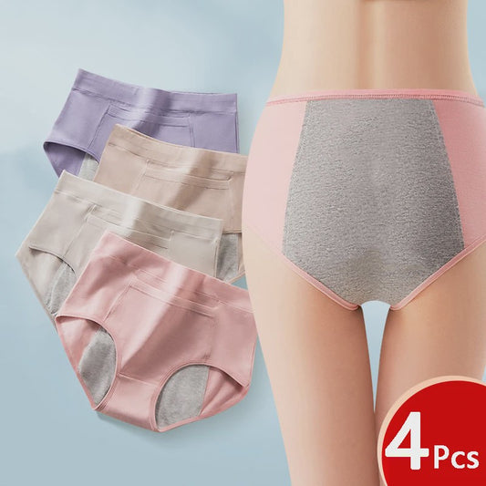 4-Pack Dames Menstruatie Ondergoed - Lekvrij, Hoge Taille Katoen Slips