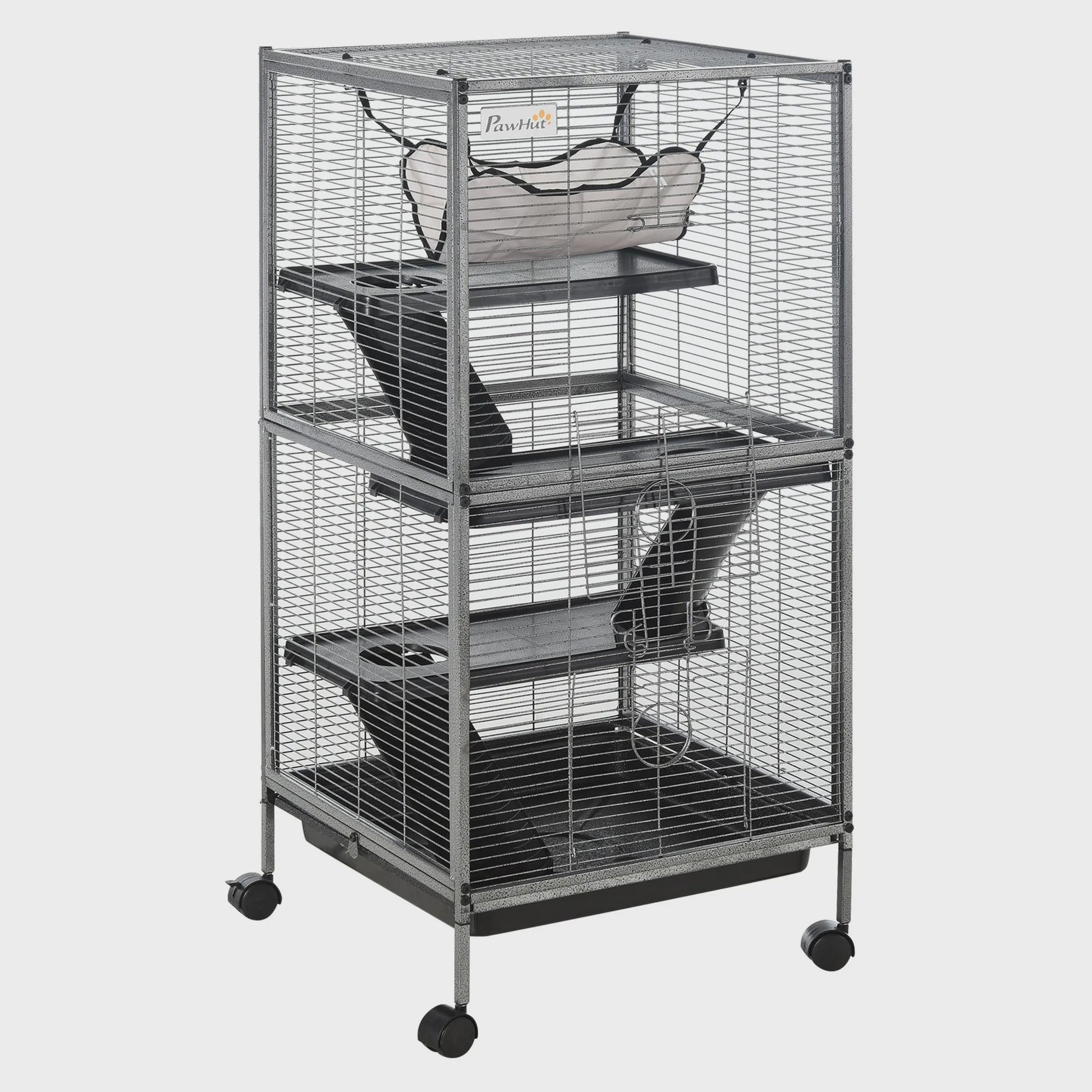 Pawut 4-level Portable Small Animal Cage for Small Animal, 2-door, 2-door, 3-Ramp, hammock and removable tray, 52x52 x cm Grey
