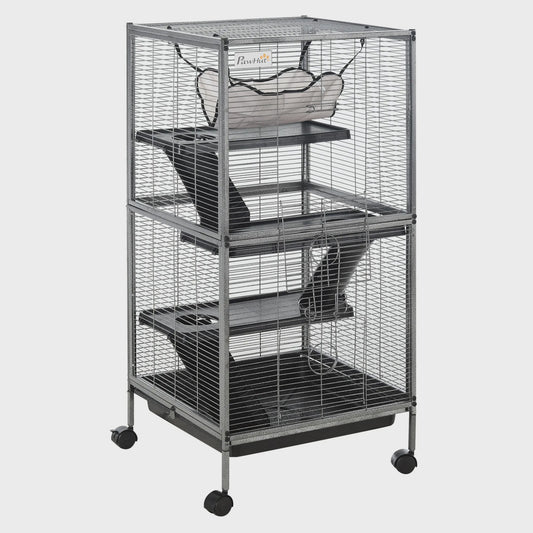 Pawut 4-level Portable Small Animal Cage for Small Animal, 2-door, 2-door, 3-Ramp, hammock and removable tray, 52x52 x cm Grey