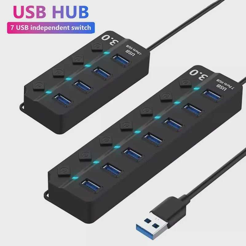 Krachtige USB Hub met 7 Poorten: Hoge Snelheid, LED Indicatoren & Individuele Schakelaars