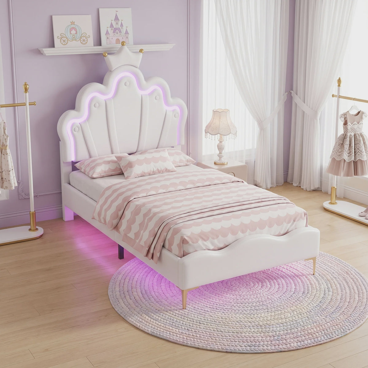 Prinsessen Hemelbed Wit 90x200cm met LED Verlichting & Kroon - Meisjesbed