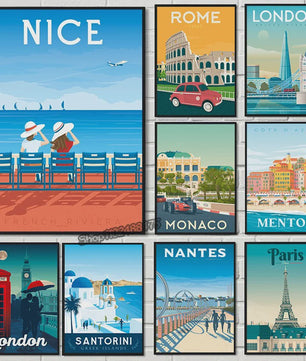 Nordic Canvas Poster: Kleurrijke Reisposters van Europese Steden - Parijs, Nice, Monaco