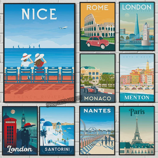 Nordic Canvas Poster: Kleurrijke Reisposters van Europese Steden - Parijs, Nice, Monaco
