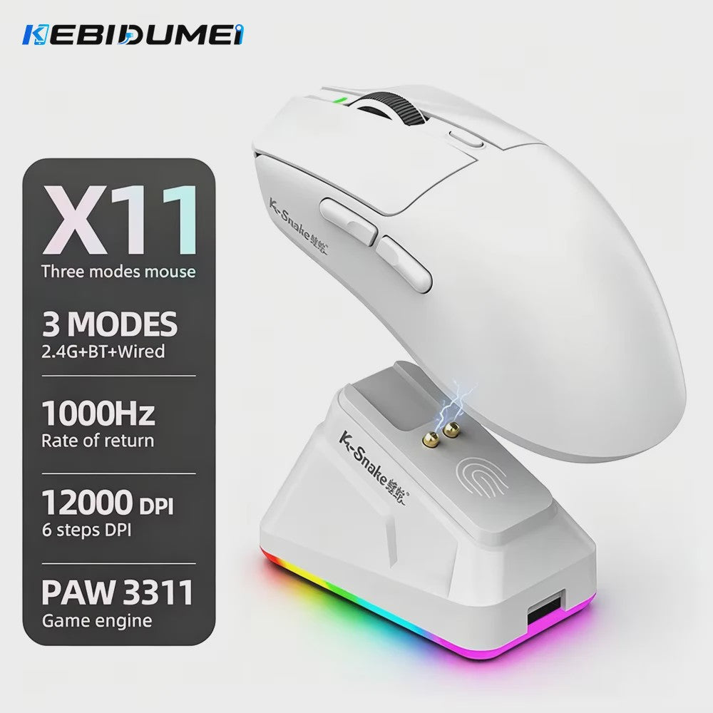 KEBIDUMEI X11 Tri-Mode Gaming Muis - 12000 DPI, RGB, Magnetische Oplaadbasis, Bluetooth/2.4G/Bedraad