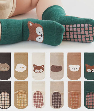 6 Paar Antislip Sokken Kinderen - Schattige Dierenprint (Vos & Beer) - Comfortabel voor Peuters