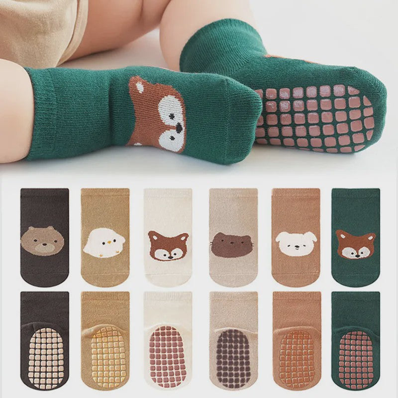 6 Paar Antislip Sokken Kinderen - Schattige Dierenprint (Vos & Beer) - Comfortabel voor Peuters