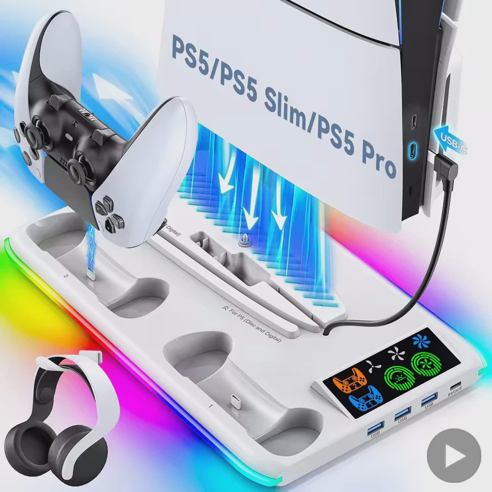 PS5 Verticale Stand met Koeler, Controller Oplader & RGB Verlichting