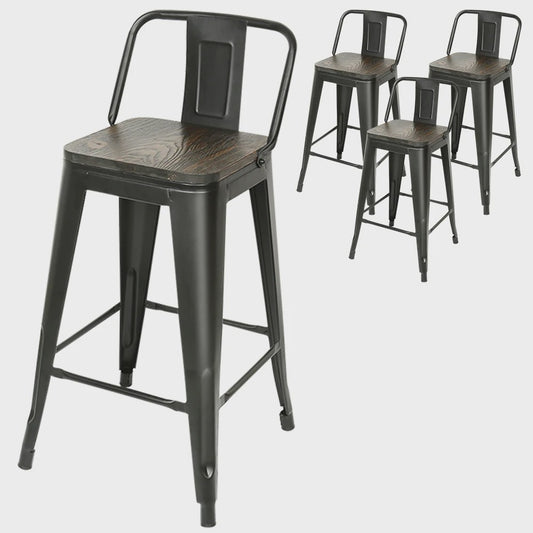 Set van 4 Metalen Barkrukken met Rugleuning - 84 cm Hoog - Stapelbaar - Vintage/Industriële Stijl