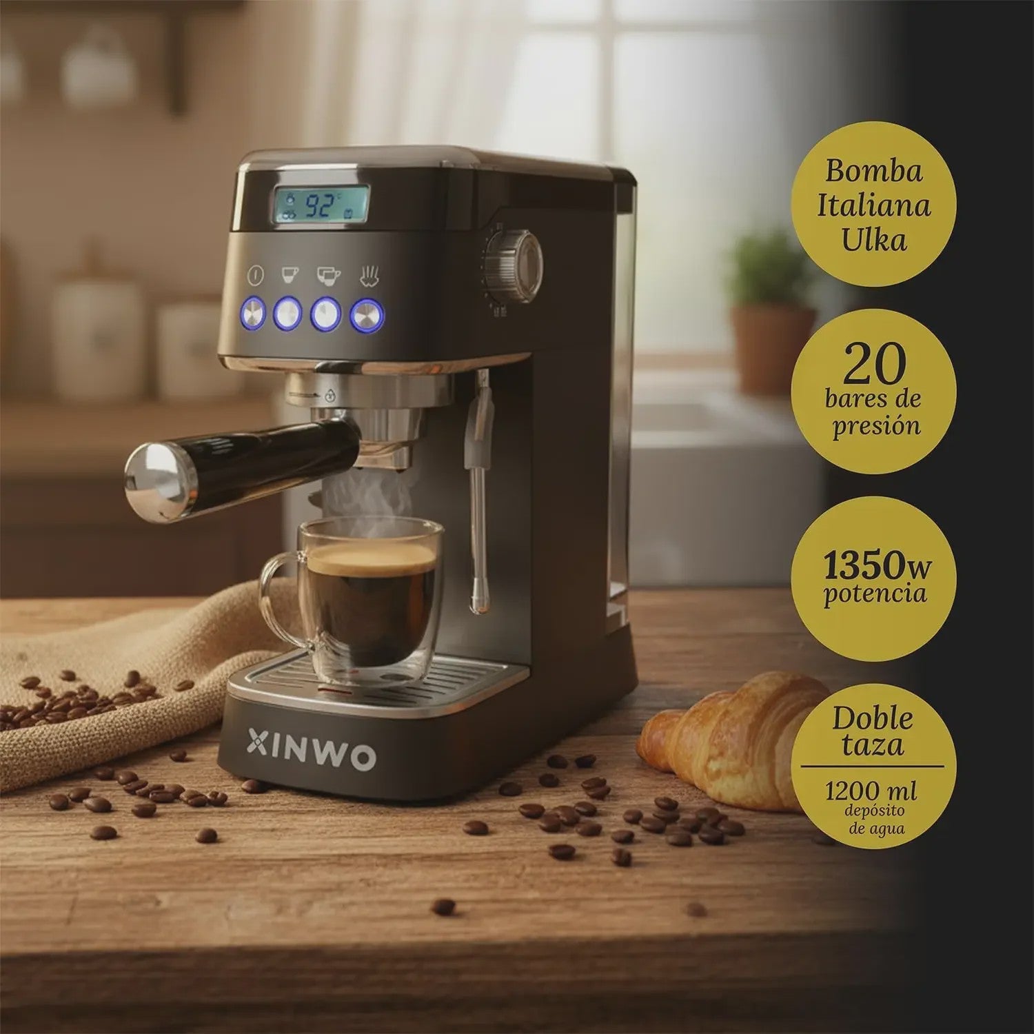 Volautomatische Espressomachine RVS - 1.2L, 20 Bar, Dubbele Portafilter