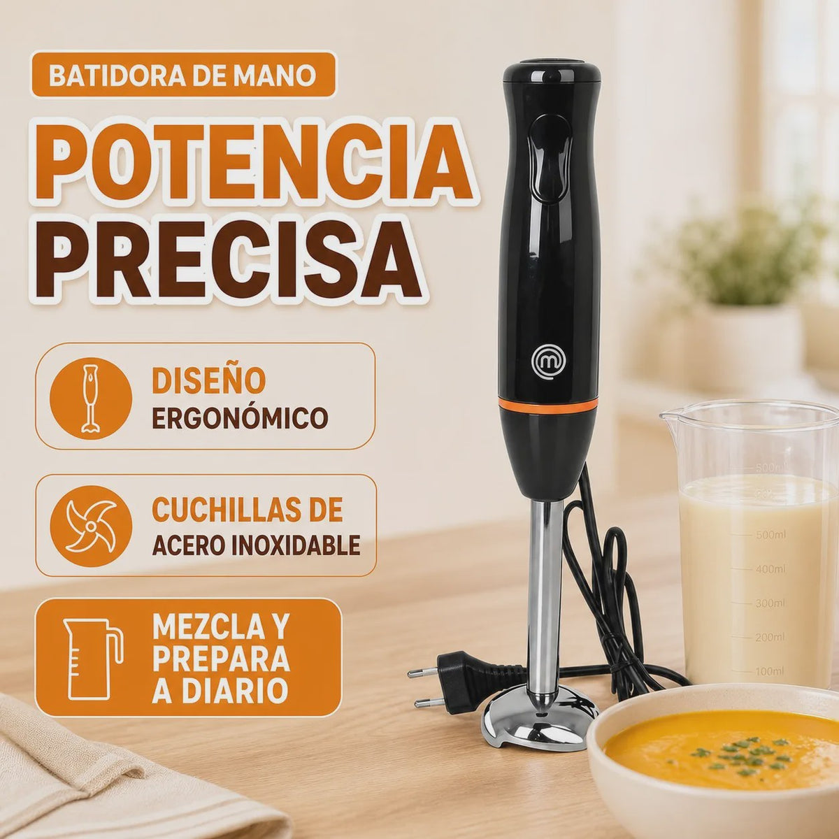 800W Staafmixer met RVS Bladen, Ergonomisch Ontwerp en 500ml Maatbeker - Zwart/Zilver