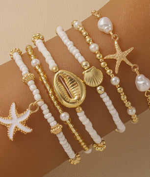 Set van 5 Vintage Kralen Armbanden met Sterren en Schelpen - Zomerse Beach Party Stijl