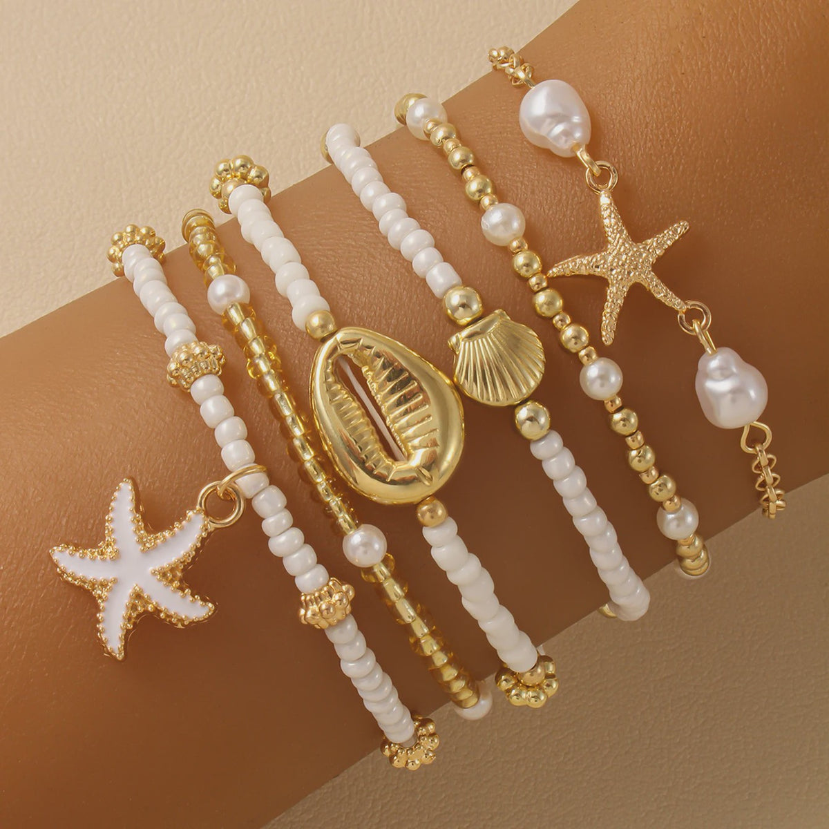Set van 5 Vintage Kralen Armbanden met Sterren en Schelpen - Zomerse Beach Party Stijl