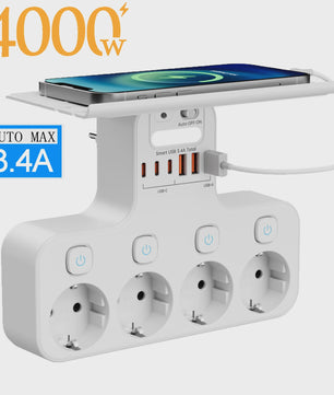 Multifunctionele Stekkerdoos met Telefoonhouder, 4 Stopcontacten en 6 USB-poorten