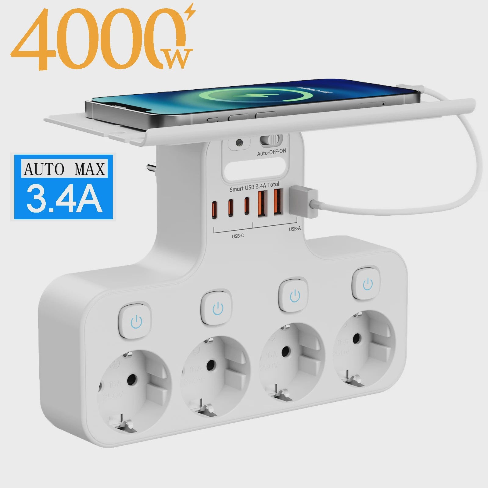 Multifunctionele Stekkerdoos met Telefoonhouder, 4 Stopcontacten en 6 USB-poorten