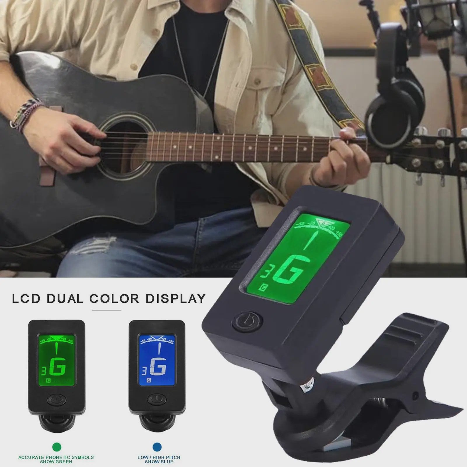 Professionele Clip-On Gitaartuner met 360° Draaibaar LCD Scherm - Voor Gitaar & Ukulele