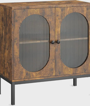 Industriële Buffetkast met Geribbelde Glazen Deuren - Hout & Metaal