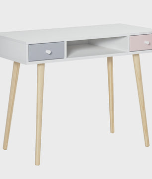 Scandinavisch Kinderbureau met Lade en Opbergvak - Wit/Grijs/Roze - 100x48x76.5 cm