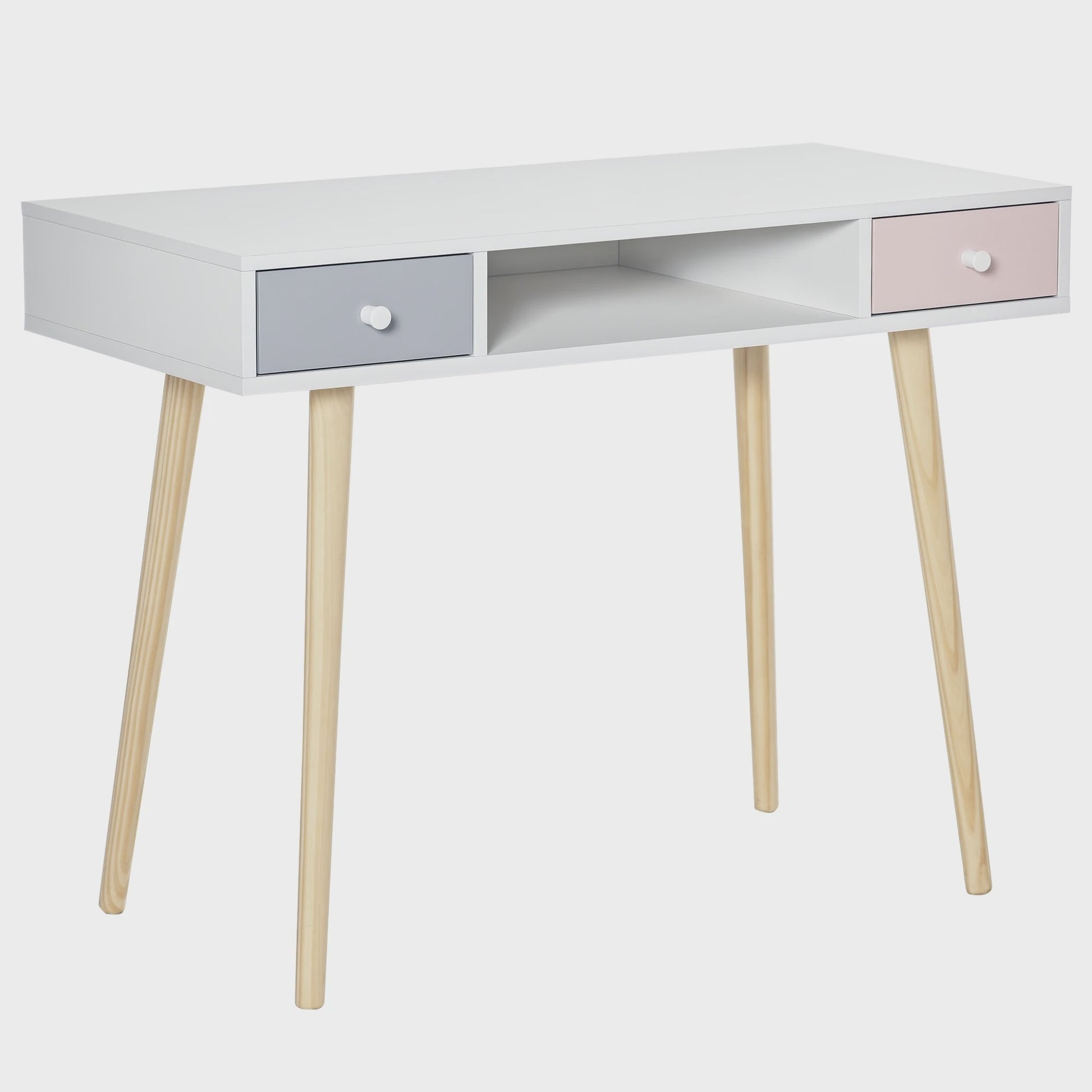 Scandinavisch Kinderbureau met Lade en Opbergvak - Wit/Grijs/Roze - 100x48x76.5 cm