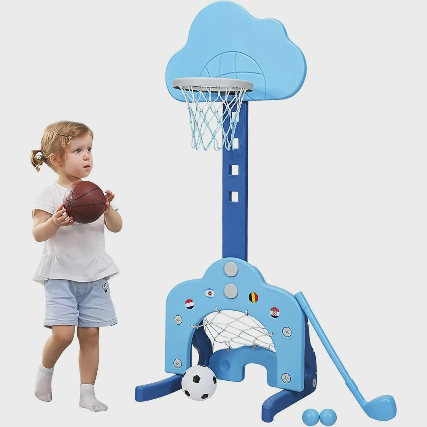 3-in-1 Kinder Speeltoestel: Basketbal, Voetbal & Golf met Verstelbare Hoogte