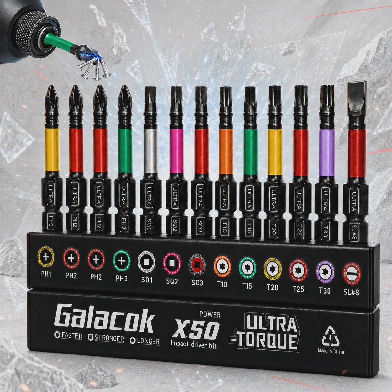 Galacok 13-delige Set Schroefbits: Impact, Magnetisch, Kleurgecodeerd