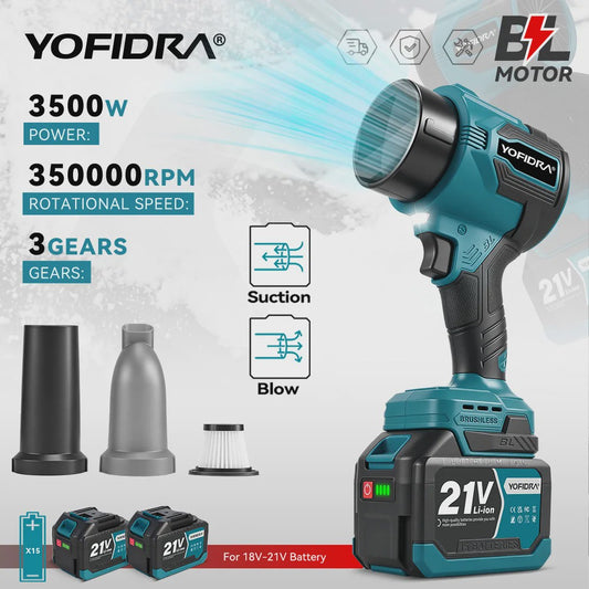 YOFIDRA Krachtige Bladblazer & Zuiger 3500W - 350.000 RPM Borstelloze Motor - Voor Makita Accu