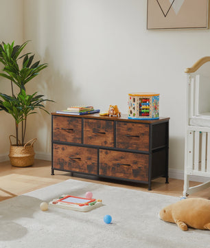Stijlvolle Ladekast met 5 Stoffen Lades - Stalen Frame - Hout-look