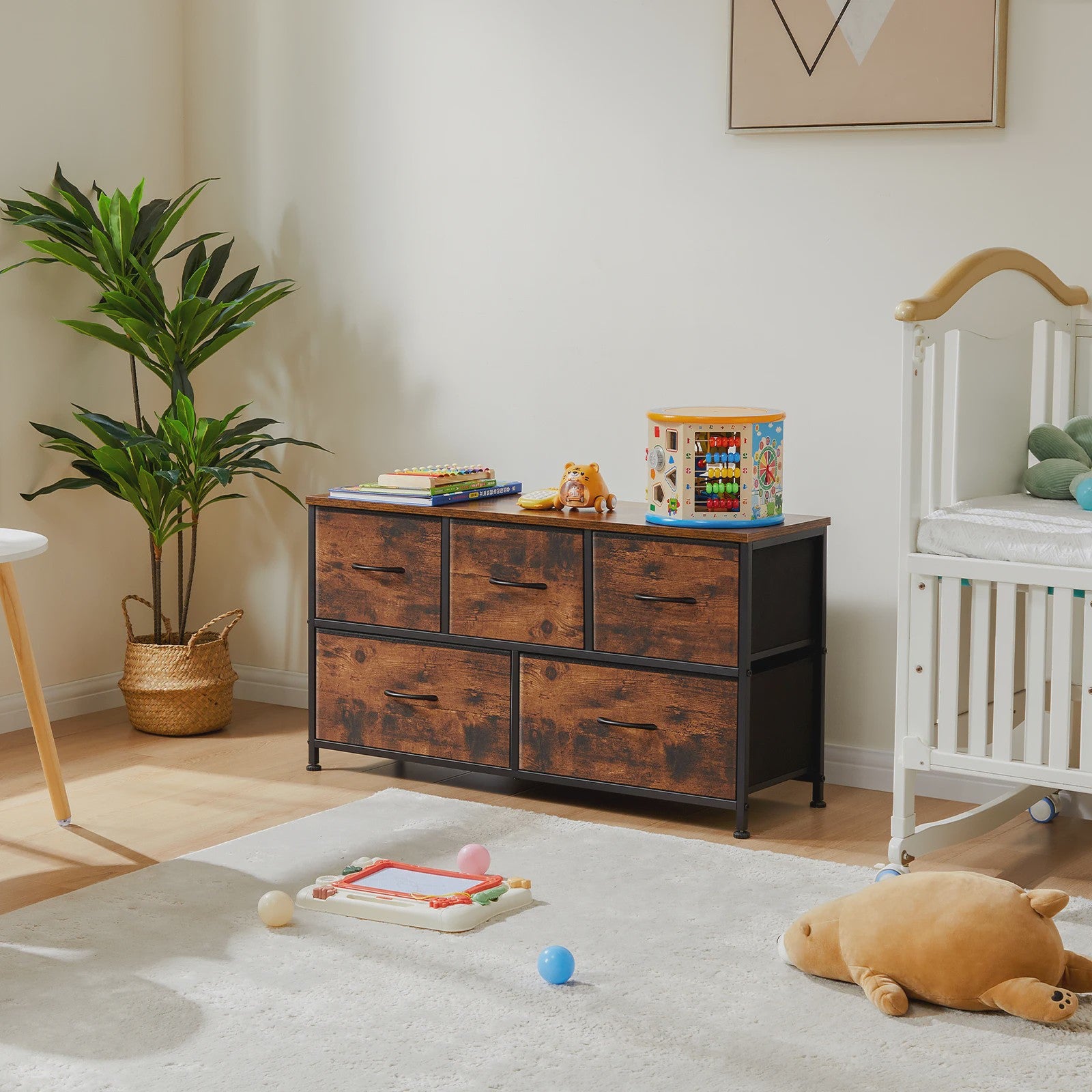 Stijlvolle Ladekast met 5 Stoffen Lades - Stalen Frame - Hout-look