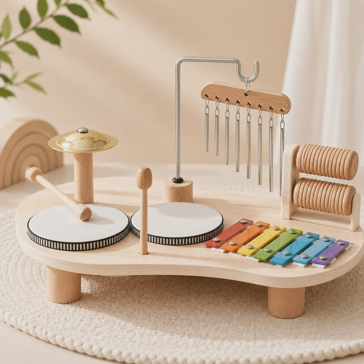 Montessori Houten Muziektafel 7-in-1 voor Kinderen - Xylofoon, Trommel & Meer