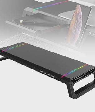 Monitorstandaard met USB 3.0 Hub en RGB Verlichting - Opklapbaar Bureau Organizer