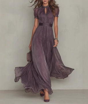 Elegante Lange Chiffon Jurk met Kant en Keyhole Hals - Dames Avondjurk