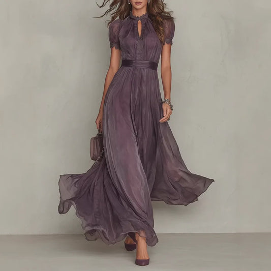 Elegante Lange Chiffon Jurk met Kant en Keyhole Hals - Dames Avondjurk