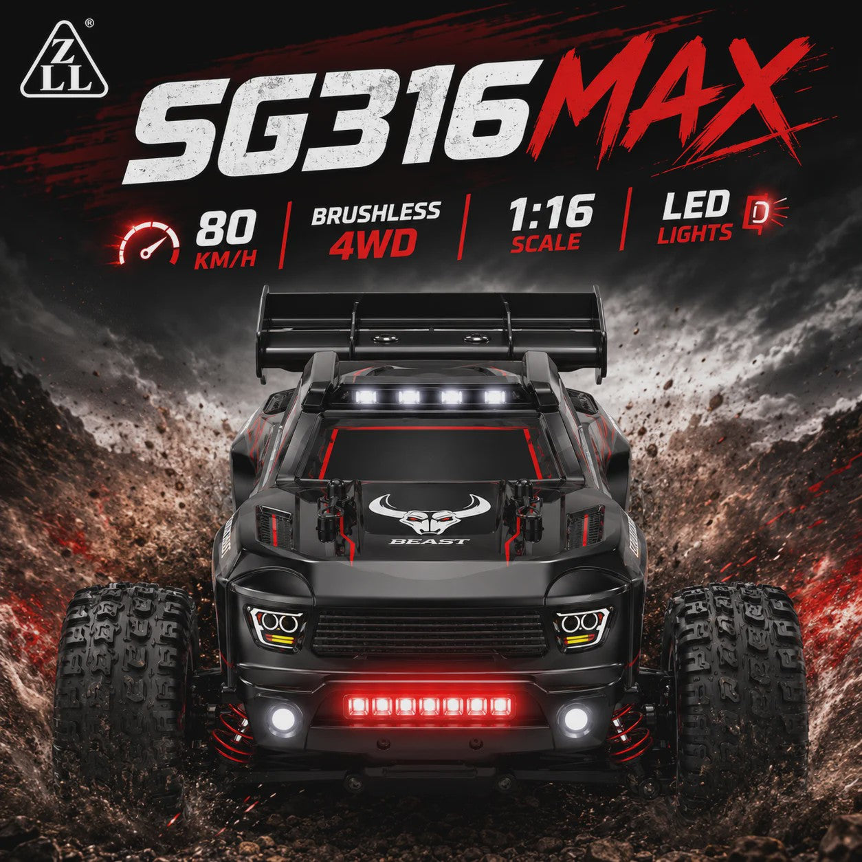 RC Crossauto 80 km/u - 1/16 4x4 Off-road Truck met LED Verlichting & 2.4G Afstandsbediening