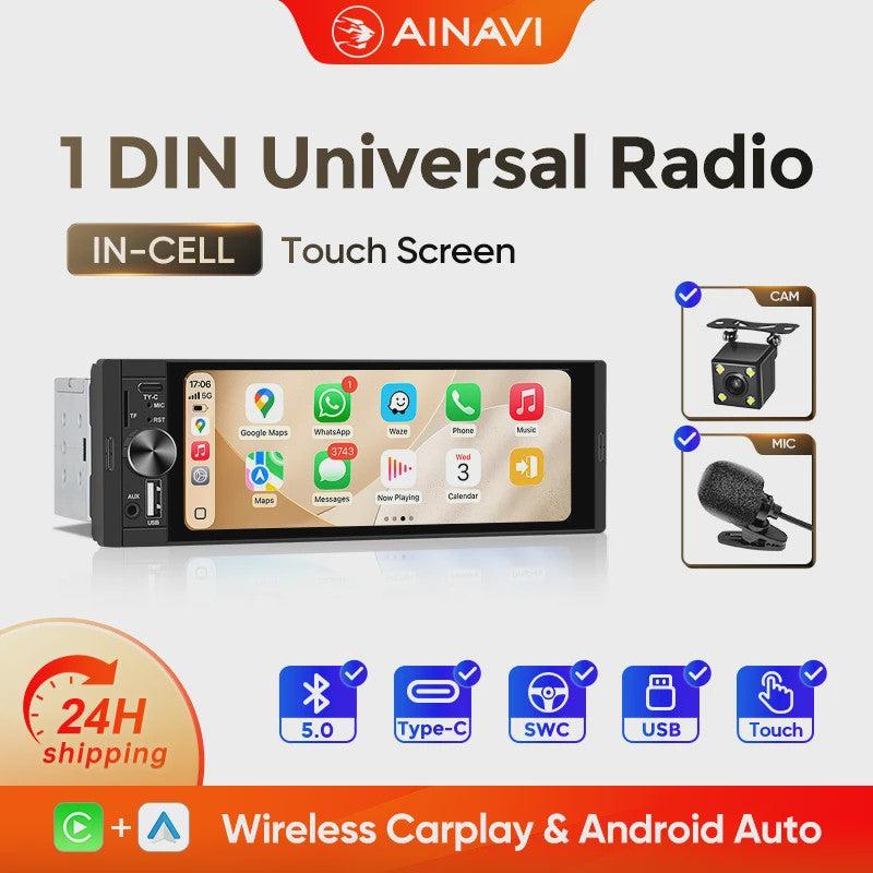 AINAVI 1 DIN Universele Autoradio met 6.36" HD IPS Touchscreen, Wireless CarPlay & Android Auto, Bluetooth 5.0